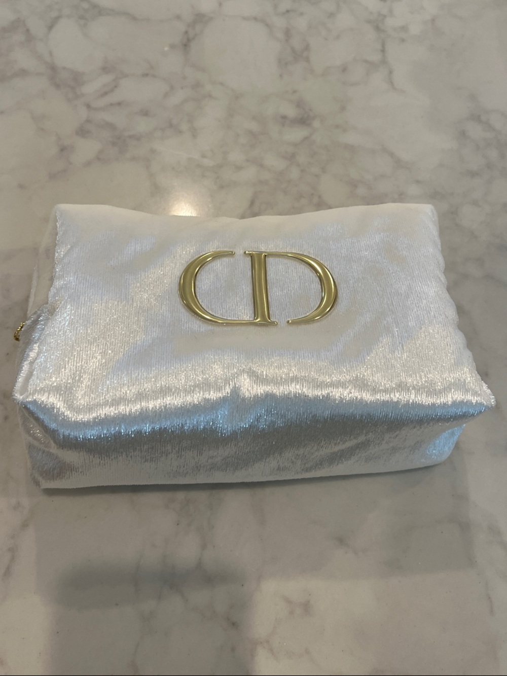 Dior Satin Cosmetic Pouch in White with Gold Accent GWP